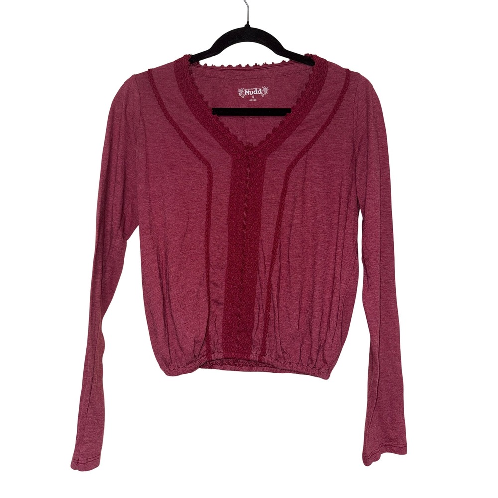 Mudd Burgundy Lace Trim V Neck‎ Long Sleeve Cropped Top Women's Size S